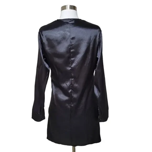 Satin Black Faux Wrap Front Plunge Mini Dress V Neck Twist Size Medium - Picture 6 of 8